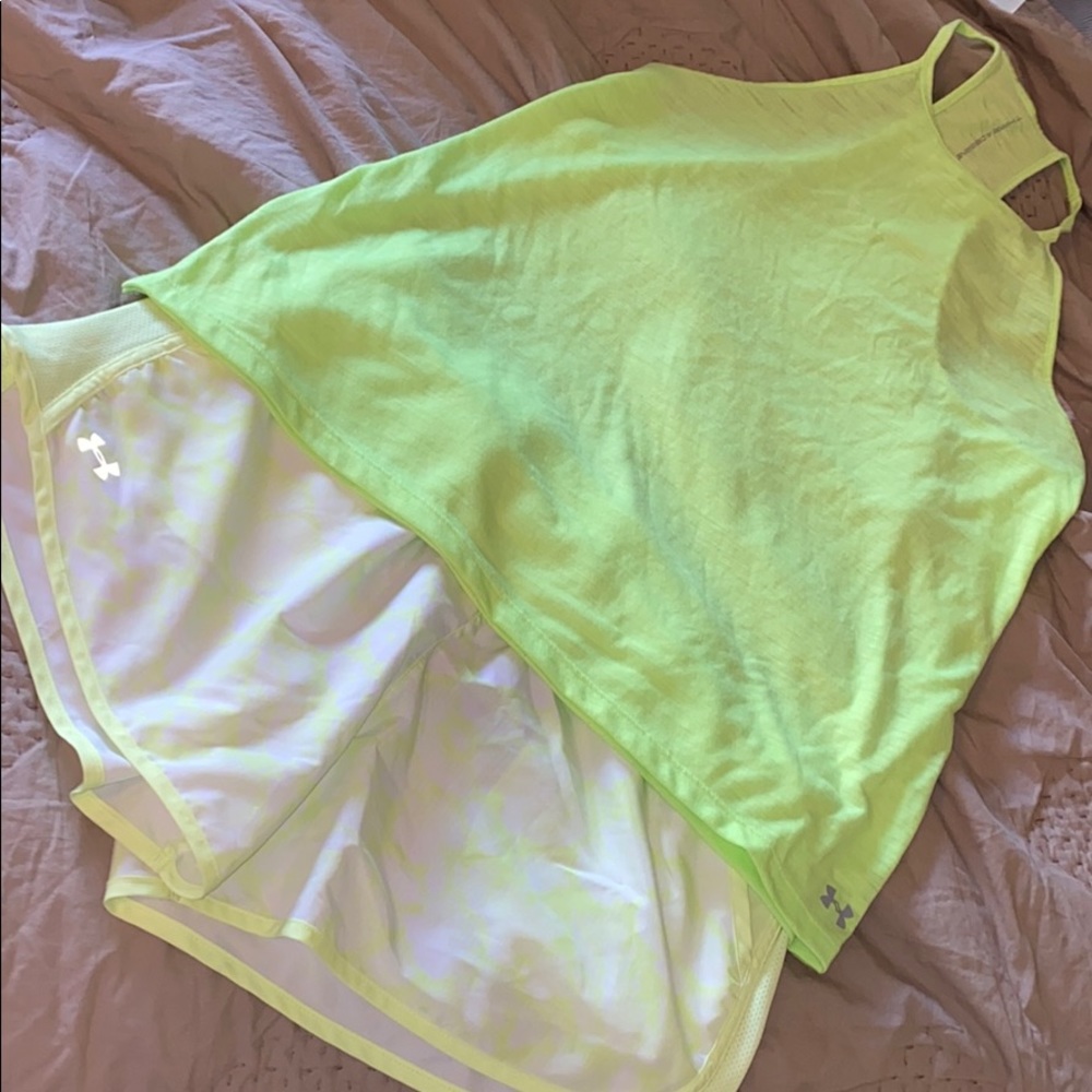 Bright Under Armour running shorts and top